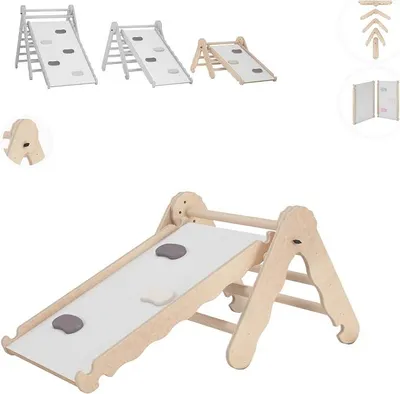 Produktbild von Klettergerüst Indoor, Kletterdreieck mit Rutsche aus Holz, Kletterturm mit Rutschbrett, Kletterbogen, Regenbogenwippe, Montessori Spielzeug