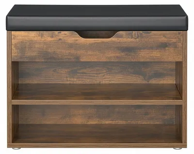Zdjęcie produktu dla Szafka na buty z półką na obuwie, siedziskiem i 3 poziomami | Kolor: brązowy, styl vintage | Wymiary: 60x30x44 cm