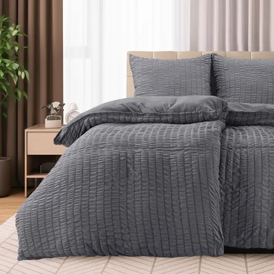 Immagine prodotto di TRANKIELO® - Set di biancheria da letto in seersucker, 135x200 cm - 4 pezzi - grigio - microfibra - facile da pulire