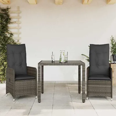 Produktbild von 3-teiliges Garten-Bistro-Set mit Kissen in Grau aus Polyrattan für Balkon, Terrasse und Garten