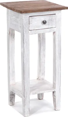 A tall, narrow side table with a drawer and a lower shelf, presented against a white background.