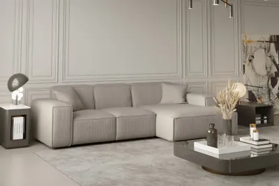 Produktbild von Ecksofa Designersofa CELES in Stoff Scala Beige Ottomane Rechts