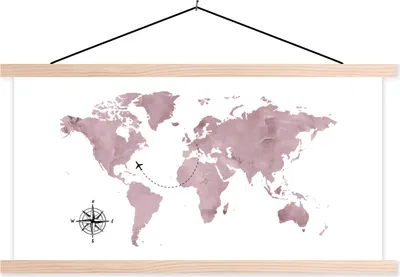Produktbild von MuchoWow® Textilposter Weltkarte - Aquarellfarbe - Rosa 60x30 cm mit holzfarbenen Rahmen - Dekoration