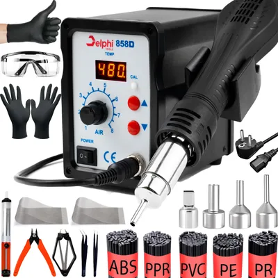 Produktbild von Kunststoffschweißgerät Lötstation 858D, 700W HOT-AIR, 500g Füllstoff für ABS, PPR, PVC, PE, PR Kunststoffe, 2x Mesh, Set
