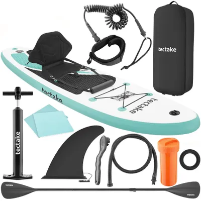 Produktbild von tectake® Stand-Up Paddle Board, aufblasbar, bis 200 kg Belastbarkeit, rutschfest, inkl. Kamerahalterung und Kajak-Sitz, Aluminiumpaddel, in weiß/türki