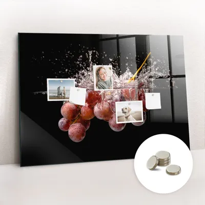 Produktbild von Magnetische Wandtafel aus Glas – Memotafel mit gebogener Vorderseite – Enthält 5 Magnete – 100x70 cm – Traubenmuster