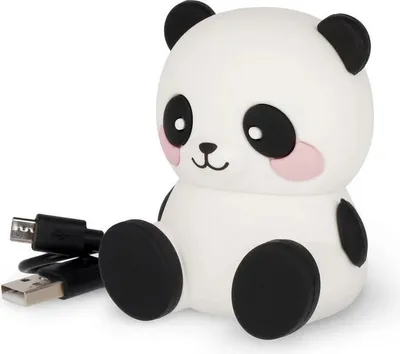 A cute panda-shaped Bluetooth speaker with a USB cable attached.