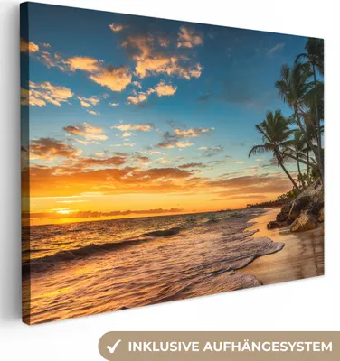 Produktbild von MuchoWow® - Leinwandbilder - Strand - Sonnenuntergang - Meer - Palme, Wandbild, Wanddeko Bilder Wohnzimmer, 40x30 cm