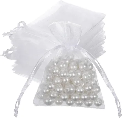 Produktbild von 100 Stück Organzabeutel, 7x9 cm, Weiß, Transparente Organzasäckchen für Geschenke