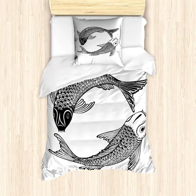 Produktbild von ABAKUHAUS Koifisch Bettbezug Set, Illustration von zwei japanische Carps Symbol der Liebe Freundschaft und Wohlstand, 135 x 200 cm + 80 x 80 cm, Schwarz und weiß