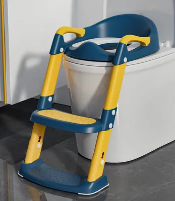 Image de Siège de toilette pour enfants avec repose-pieds et coussin, réglable en hauteur, pliable, bleu/jaune