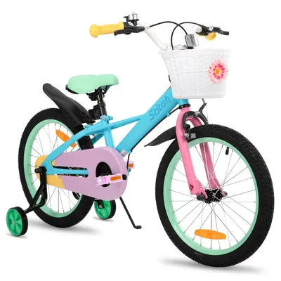 Produktbild von HILAND Macaron 18 Zoll Kinderfahrrad für Mädchen & Jungen ab 3 4 5 6 7 Jahren, mit Korb & Stützrädern, Blau