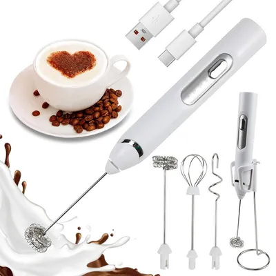 Produktbild von Wiederaufladbarer Milchaufschäumer Stab, 3 Geschwindigkeiten, 3 Edelstahl-Aufsätze, Ständer, USB-C–Handmixer & Schneebesen für Latte,Cappuccino&Matcha