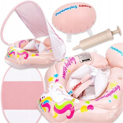 Produktbild von Baby-Schwimmring mit Sonnendach und Pumpe – Aufblasbarer Kinder-Schwimmsitz Rosa – Schwimmhilfe mit Sicherheitsgurt – Größe L (12–36 Monate)