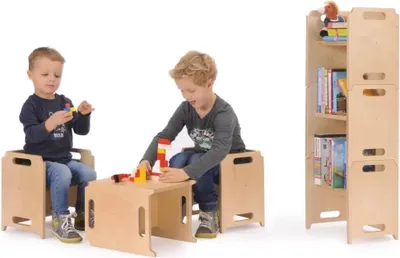 Produktbild von Kinderstuhl Stapelstuhl Birke Multiplex lackiert, als Tisch nutzbar, Sitzhöhen 16-31cm, B31xH35xT26cm