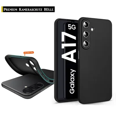 A black phone case is shown with a phone inside, displaying "Galaxy A17 5G". Another phone case is shown bent to demonstrate flexibility.