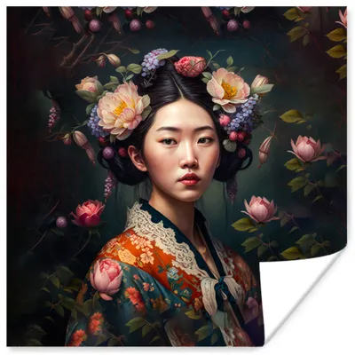 Produktbild von MuchoWow® Poster Frau - Blumen - Kimono - Porträt - Asiatisch 50x50 cm - Wohnzimmerdekoration