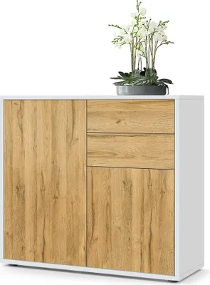 Produktbild von Vladon Sideboard Ben,  Germany, Kommode mit 2 Türen und 2 Schubladen, Weiß matt/Eiche Natur (79 x 74 x 36 cm)