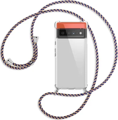 Produktbild von Handykette Backcover-Schutzhülle mit Band (Metall silberfarben) für Google Pixel 6 Pro - blau+beige