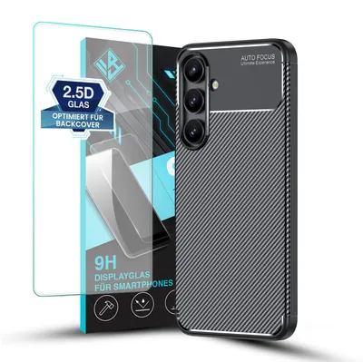 Produktbild von Handy Hülle für Samsung Galaxy S24 FE mit 9H Displayglas Displayschutz Carbon Look Cover Case Schutzhülle Farbe: Schwarz