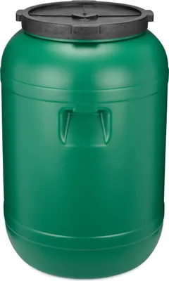 A green plastic barrel with a black lid, shown from the front against a white background.
