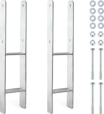 Image de XPOtool Supports de poteaux galvanisés à chaud, 2 pièces, 71 x 600 mm, ancrage en H en acier au carbone, ancrage de poteau avec trous de perçage M10 x 90, sabot de poteau avec 2 entretoises