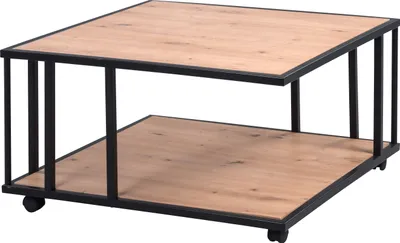 A square coffee table with two shelves and black metal legs, shown from a slightly elevated angle against a white background.