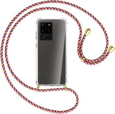 Produktbild von Handykette Backcover-Schutzhülle mit Band (Metall goldfarben) für Samsung Galaxy S20 Ultra - weinrot/gelb/grau