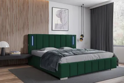 Produktbild von Polsterbett 200 x 200 cm mit Bettkasten und Matratze Lattenrost, Bonellmatratze H4, LED-Beleuchtung Velours Grün Ankona