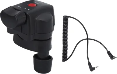 A remote control for a camcorder and its connecting cables are shown against a white background.