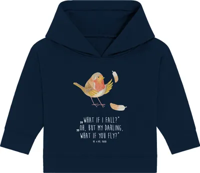 Produktbild von Mr. & Mrs. Panda Organic Baby Hoodie Rotkehlchen Federn 12. - 18. Monat - French Navy - Geschenk, Spruch Mut, Kapuzenshirt, Kapuzensweatshirt, fliegen, Vogel, Motivation
