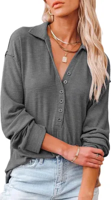 Produktbild von ASKSA Damen Baumwolle Blusen V-Ausschnitt Tops Langarm Einfarbig Knopf Tunika Shirts Oberteile, Grau, XXL