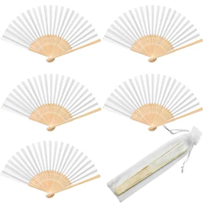 Produktbild von Set von 30 Weißen Hochzeitsfächern mit Organza Beuteln