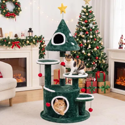 Imagen del producto de COSTWAY, rascador para gatos, 127 cm, con motivos navideños (estrella, copo de nieve), 2 escondites, 3 plataformas, poste rascador de sisal, 6 pelotas de juguete. Rascador para gatos