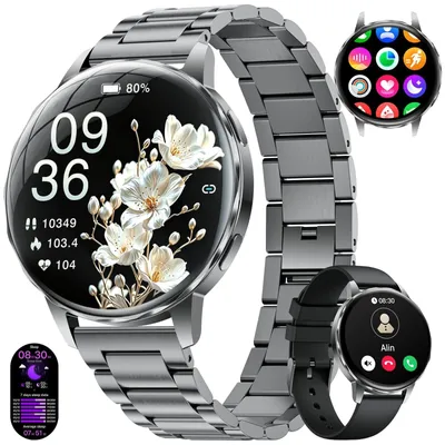 Immagine prodotto di Smartwatch da donna, rotonda, con funzione telefono. Smartwatch con monitoraggio della frequenza cardiaca, della pressione sanguigna e della saturazione di ossigeno (SpO2), 110 modalità sportive, resistente all'acqua (IP68). Orologio sportivo compatibile con iOS e Android, colore nero