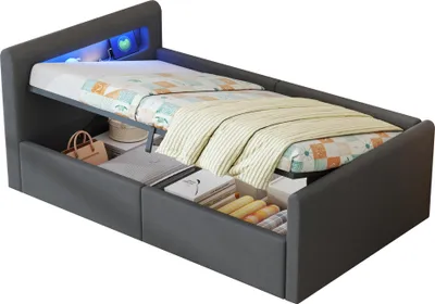 Produktbild von okwish Polsterbett 90×200 mit LED-Licht und Nachtlicht,Kinderbett mit USB-Ladeanschluss und Stauraum,Einzelbett mit Regal,ohne Matratze,Samtstoff,Grau