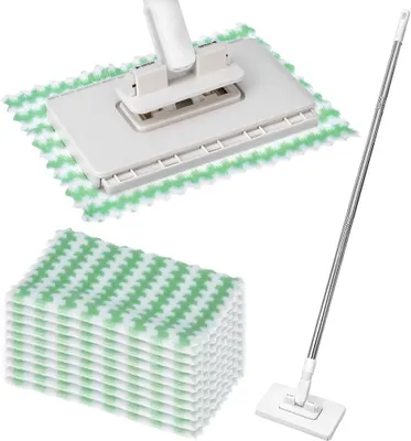 Imagen del producto de Kit de limpieza para suelos con mango de acero inoxidable de 100 cm, 10 paños de microfibra, para una limpieza higiénica