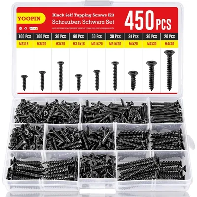 Produktbild von Schrauben Set 450 Stück M3 M3.5 M4 Kohlenstoffstahl Schwarz Senkkopf Selbstschneidend