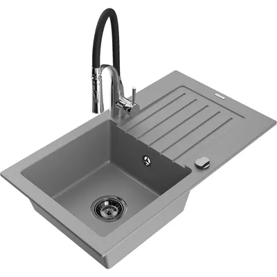 Obrázek produktu pro Mexen Pablo 1-miskový granitový dřez s odkapávačem a kuchyňskou baterií Aster, Šedá - 6510-71-73450-07-B