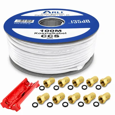 Produktbild von 100m ARLI Koaxialkabel – max. 135 dB 5-fach geschirmt + Abisoliermesser / Kabelmesser + 10x F-Stecker vergoldet DVB-S2 DVB-C DVB-T2 4K HD TV