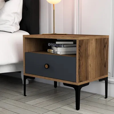 Produktbild von Skye Decor, Lizbon 529 - Walnut, Anthracite, Nachttisch, Nussbaum, 100 % MELAMINBESCHICHTETE SPANPLATTEN, 56 x 40 x 50,8 cm
