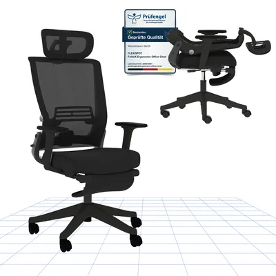 A black ergonomic office chair is shown from the front and a separate view of its base and footrest. A certification badge is also visible.