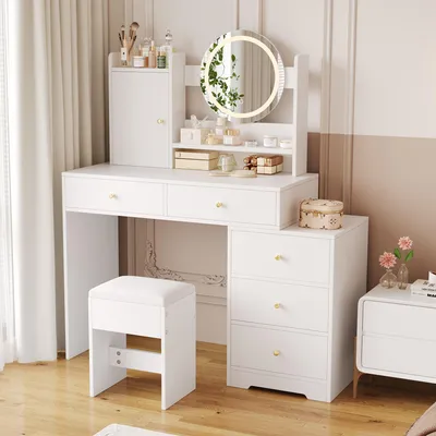 Coiffeuse LED Hollywood Avec Miroir Et Tabouret - Table Maquillage Blanc 140x80cm 1 Tiroir