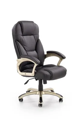 A black office chair with silver accents is shown against a white background.