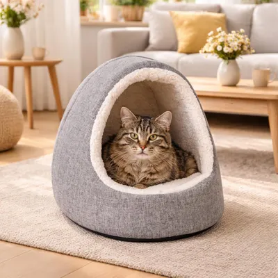Produktbild von belviona Katzenhöhle waschbar, weiches Katzenbett mit Wendekissen & rutschhemmender Unterseite, hellgrau