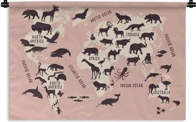 Produktbild von MuchoWow® Wandteppich Wandbehang Weltkarte - Rosa - Tiere 60x40 cm Tapisserie Dekoration Wandtuch - Wanddekorationen