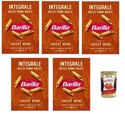 Produktbild von Barilla Integrale Mezze Penne Rigate – Vollkorn Hartweizennudeln mit Rillen für extra Saucenhaftung – ballaststoffreich, 100% Vollkorn – Kochzeit al dente 10 Min 5x 500g + Italian Gourmet polpa 400g