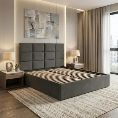 Produktbild von Polsterbett 140x200 cm mit Lattenrost, stabiles Doppelbett mit dekorativem Kopfteil, ohne Bettkasten, Samt, Grau, Dunkelgrau YORK 140 x 200