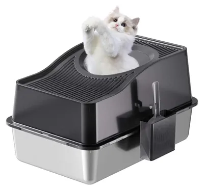 Image de Litière pour chat en acier inoxydable - Litière extra grande - Bords de 20 cm de hauteur - Entrée supérieure fermée - Anti-éclaboussures, contrôle des odeurs, facile à nettoyer - Noir