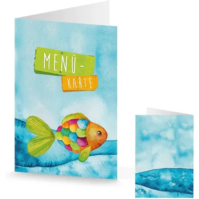 Produktbild von Bunte Menükarten orange blau türkis mit Regenbogenfisch - Speisekarte Taufe Kommunion 10 Stück20 Stück